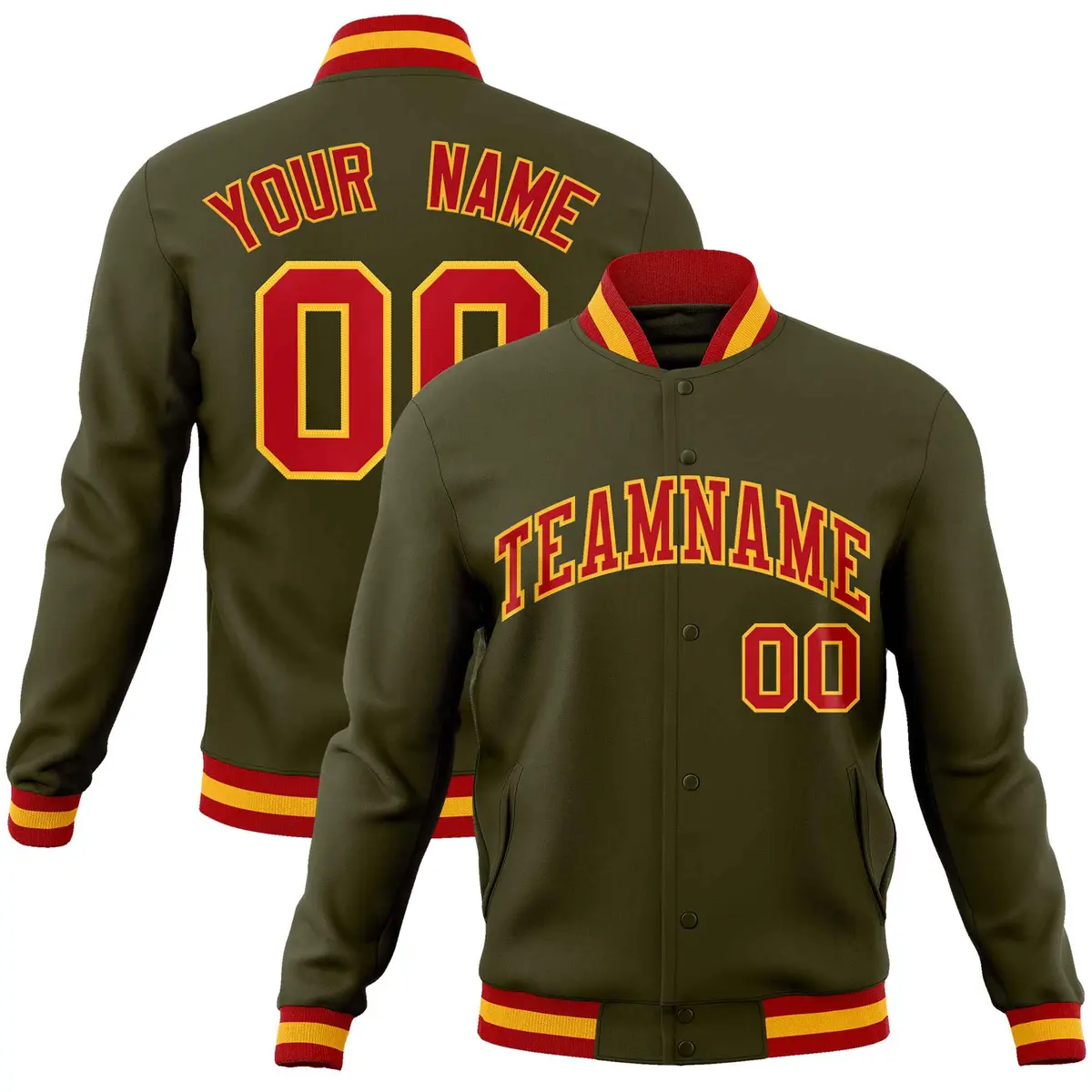 Olive Red-Gold Classic Varsity Full-Snap Letterman Jacket
