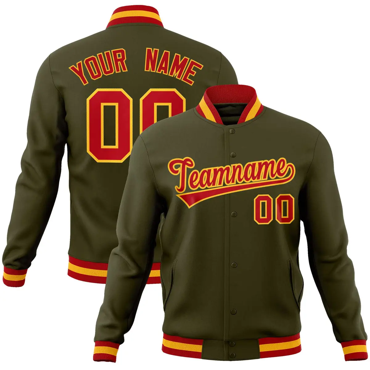 Olive Red-Gold Classic Varsity Full-Snap Letterman Jacket