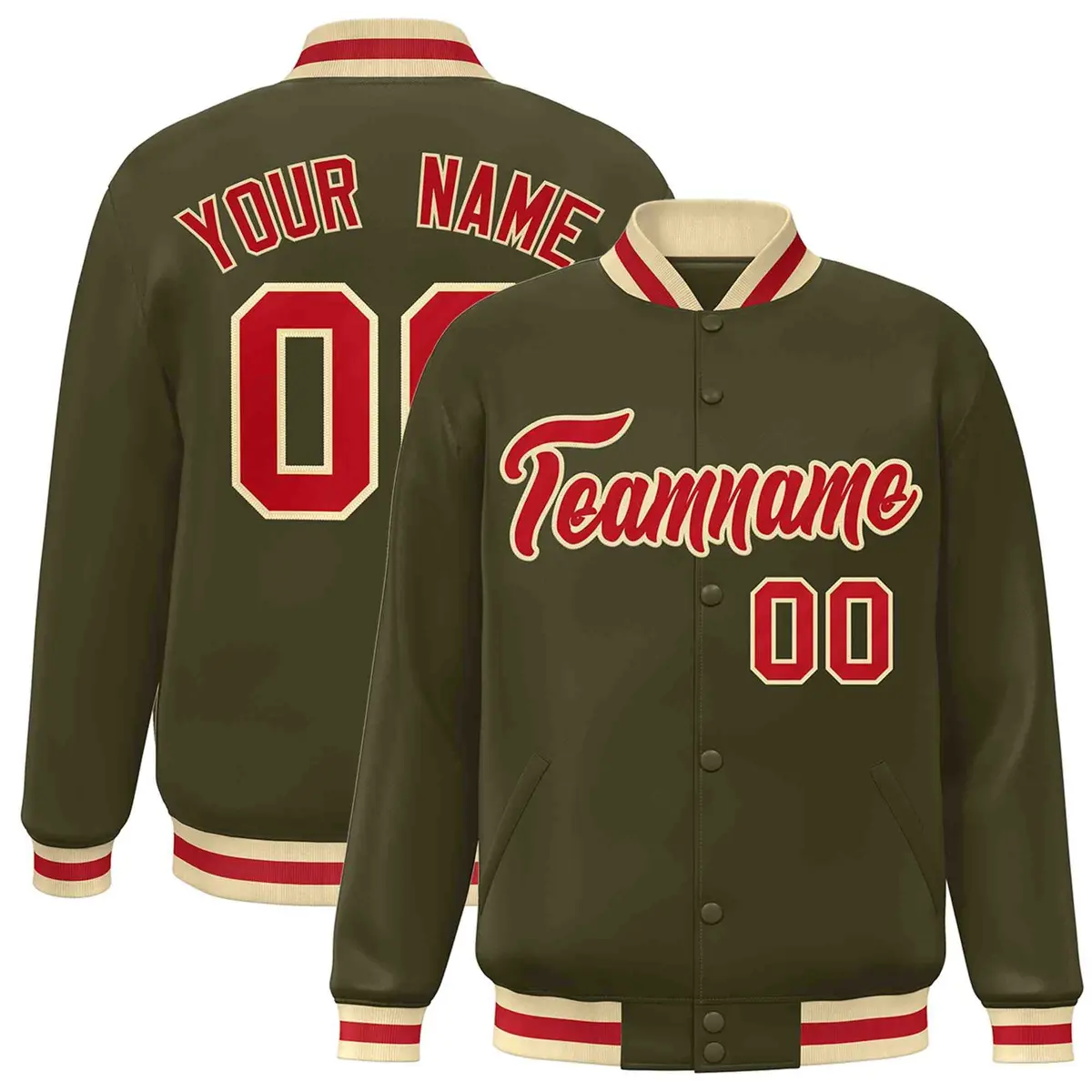 Olive Red-Khaki Classic Varsity Full-Snap Letterman Jacket