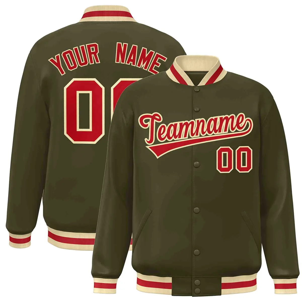 Olive Red-Khaki Classic Varsity Full-Snap Letterman Jacket