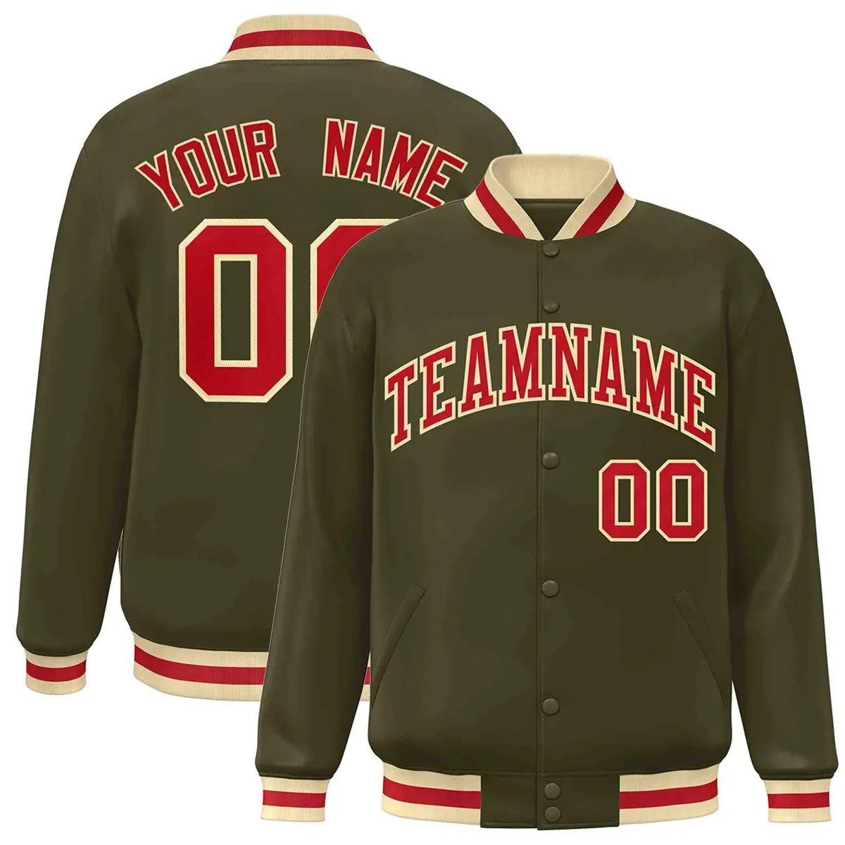 Olive Red-Khaki Classic Varsity Full-Snap Letterman Jacket