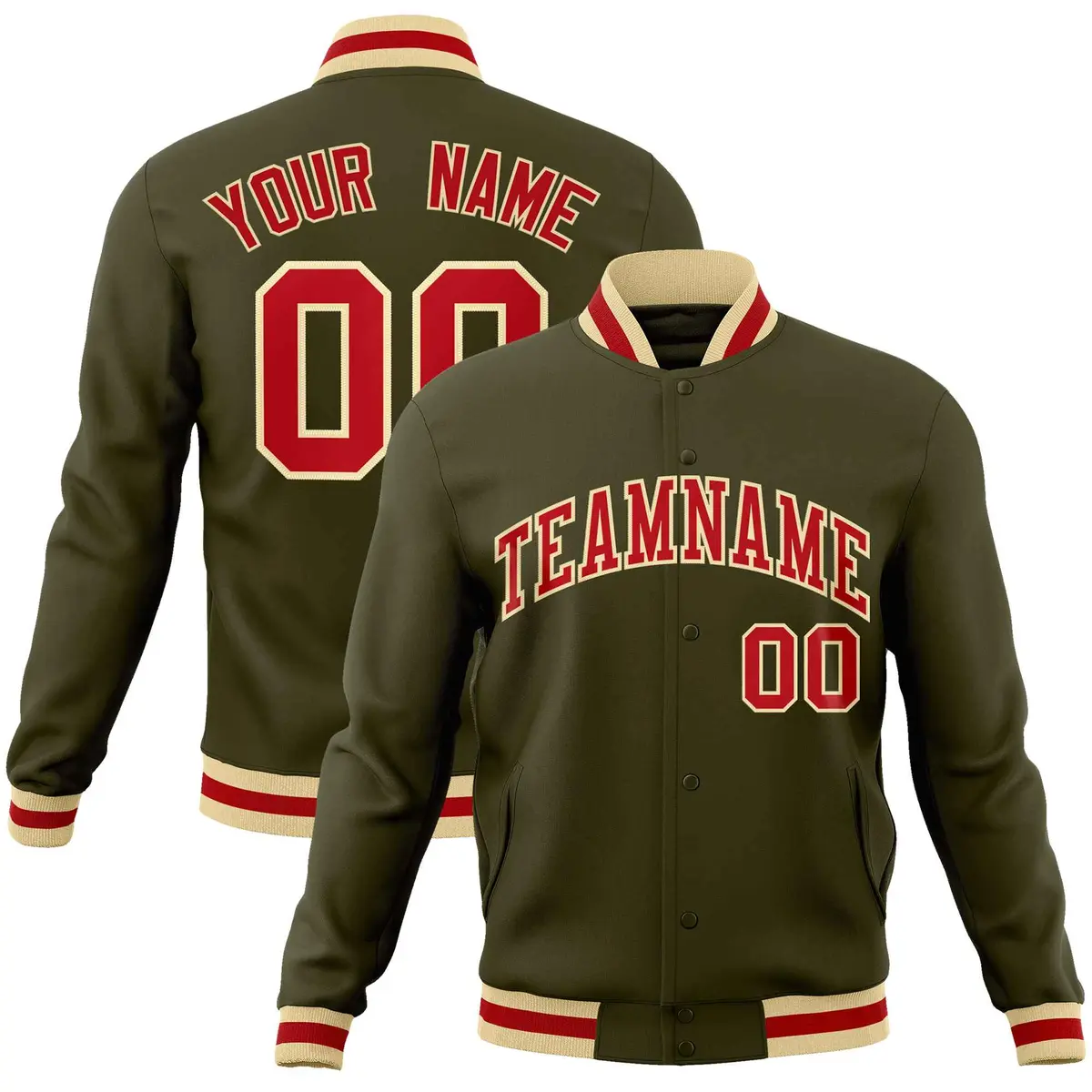 Olive Red-Khaki Classic Varsity Full-Snap Letterman Jacket