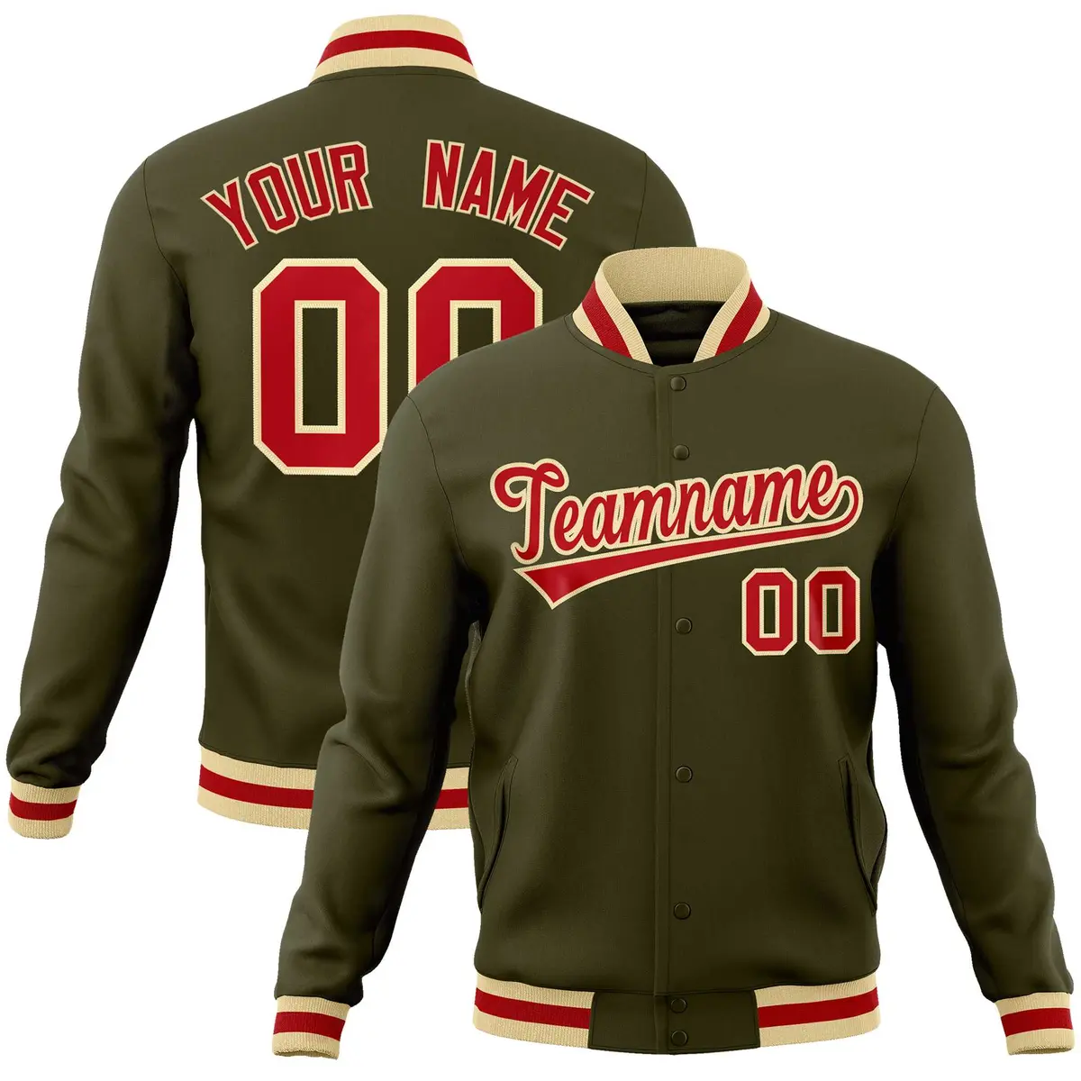 Olive Red-Khaki Classic Varsity Full-Snap Letterman Jacket