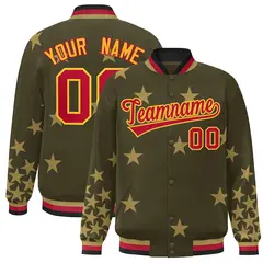 Olive Red-Yellow Star Graffiti Varsity Full-Snap Bomber Jacket 1
