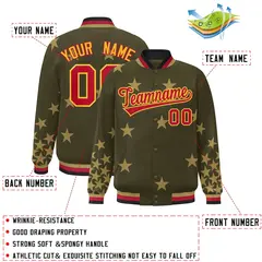 Olive Red-Yellow Star Graffiti Varsity Full-Snap Bomber Jacket 2