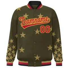 Olive Red-Yellow Star Graffiti Varsity Full-Snap Bomber Jacket 3
