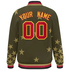 Olive Red-Yellow Star Graffiti Varsity Full-Snap Bomber Jacket 4