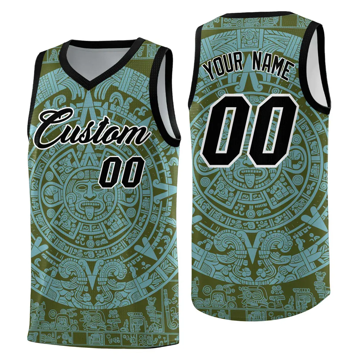 Olive Sky Blue Aztec Sun Stone Graffiti Breathable Basketball Jersey