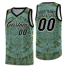 Olive Sky Blue Aztec Sun Stone Graffiti Breathable Basketball Jersey 1