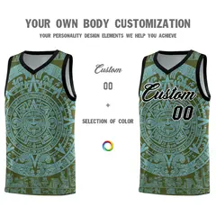 Olive Sky Blue Aztec Sun Stone Graffiti Breathable Basketball Jersey 3