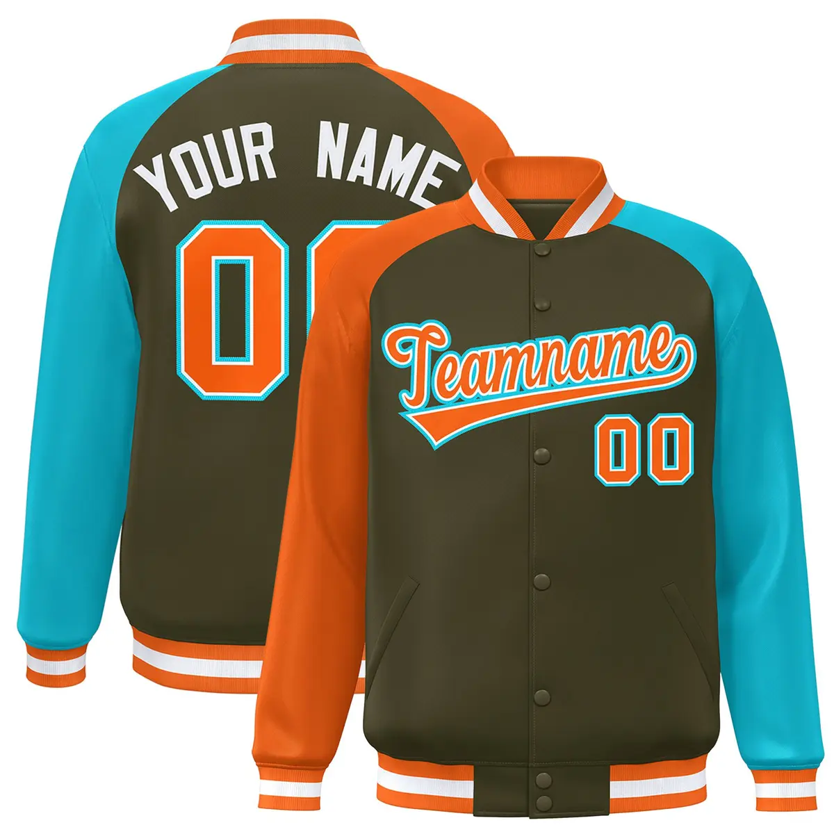 Olive Sky Blue-Orange Varsity Raglan Letterman Bomber Jacket