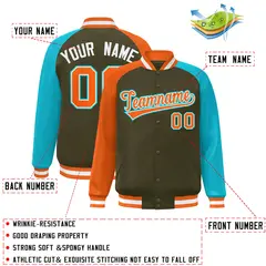 Olive Sky Blue-Orange Varsity Raglan Letterman Bomber Jacket 2