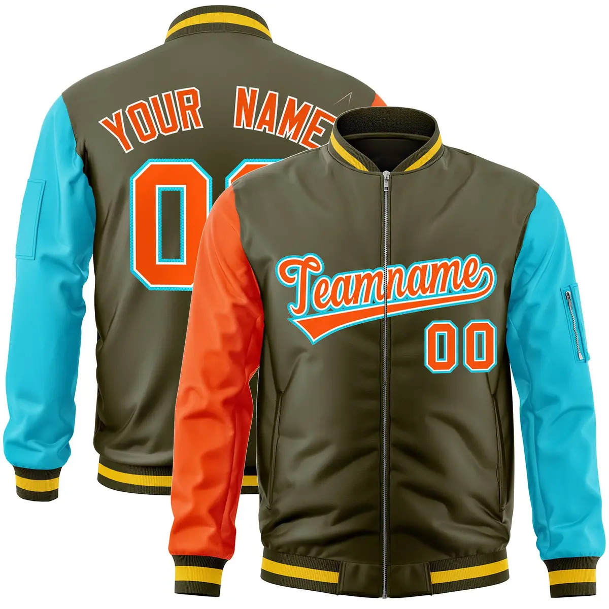 Olive Sky Blue-Orange Varsity Raglan Letterman Bomber Jacket