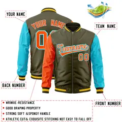 Olive Sky Blue-Orange Varsity Raglan Letterman Bomber Jacket 2
