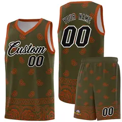 Olive Texas Orange Cashew Pattern Basketball Uniform Jersey 1