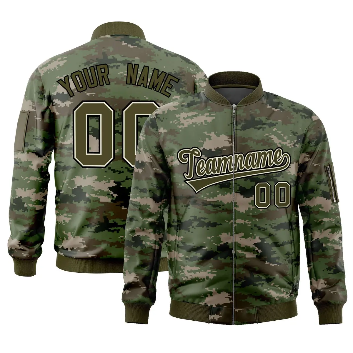 Olive Varsity Full-Zip Camo Letterman Bomber Jacket