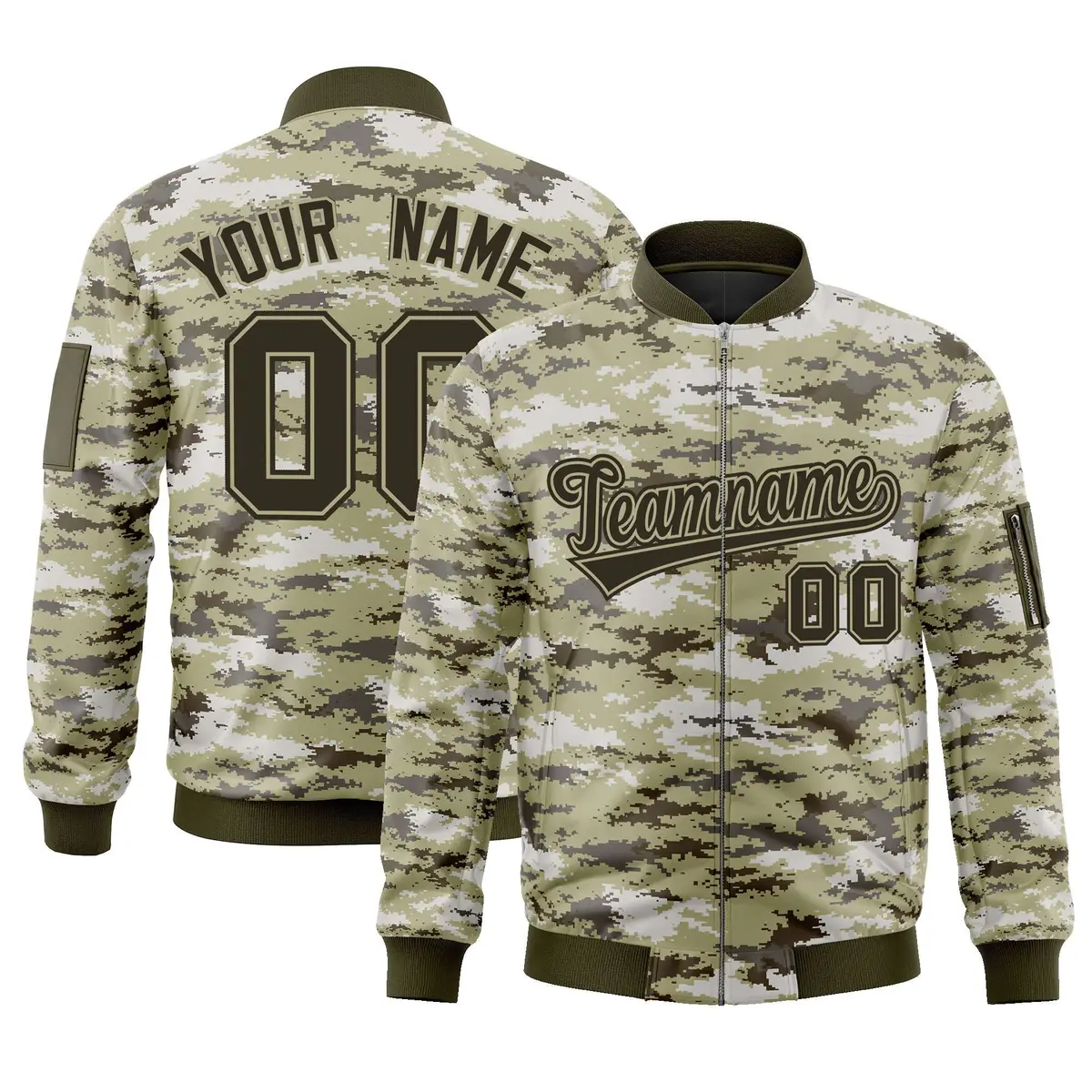 Olive Varsity Full-Zip Camo Letterman Bomber Jacket