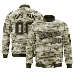 Olive Varsity Full-Zip Camo Letterman Bomber Jacket