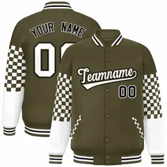 Olive White-Black Checkered Color Block Bomber Varsity Jacket