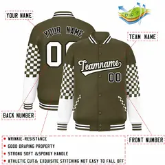 Olive White-Black Checkered Color Block Bomber Varsity Jacket 2