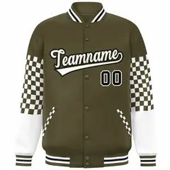 Olive White-Black Checkered Color Block Bomber Varsity Jacket 3