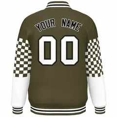 Olive White-Black Checkered Color Block Bomber Varsity Jacket 4