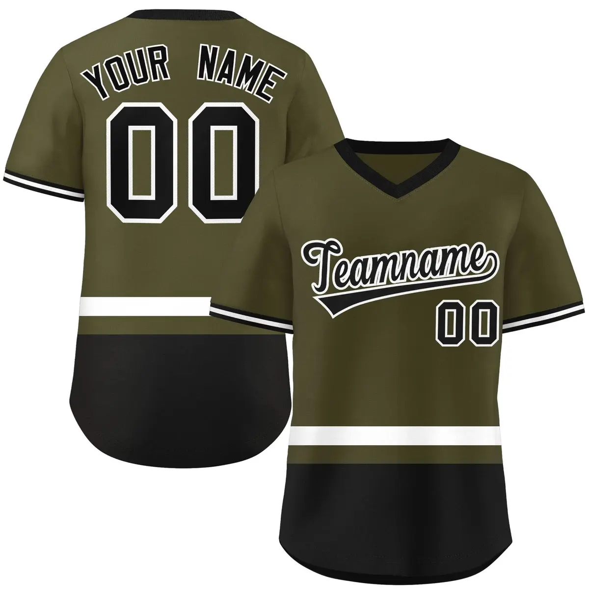 Olive White-Black Color Block V-Neck Baseball Jersey