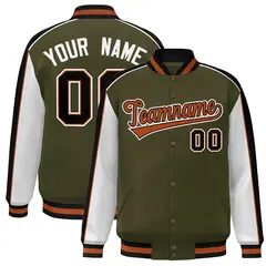 Olive White-Black Color Block Varsity Bomber Baseball Jacket