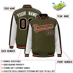 Olive White-Black Color Block Varsity Bomber Baseball Jacket 2