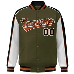 Olive White-Black Color Block Varsity Bomber Baseball Jacket 3
