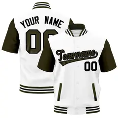 Olive White Black Full-Snap Short Sleeve Varsity Jacket 1
