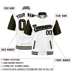 Olive White Black Full-Snap Short Sleeve Varsity Jacket 2