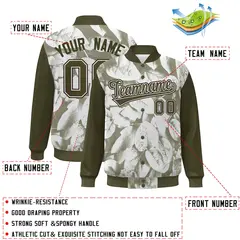 Olive White-Brown Maple Leaf Graffiti Raglan Bomber Varsity Jacket 2