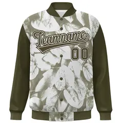 Olive White-Brown Maple Leaf Graffiti Raglan Bomber Varsity Jacket 3