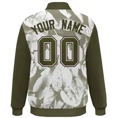 Olive White-Brown Maple Leaf Graffiti Raglan Bomber Varsity Jacket 4