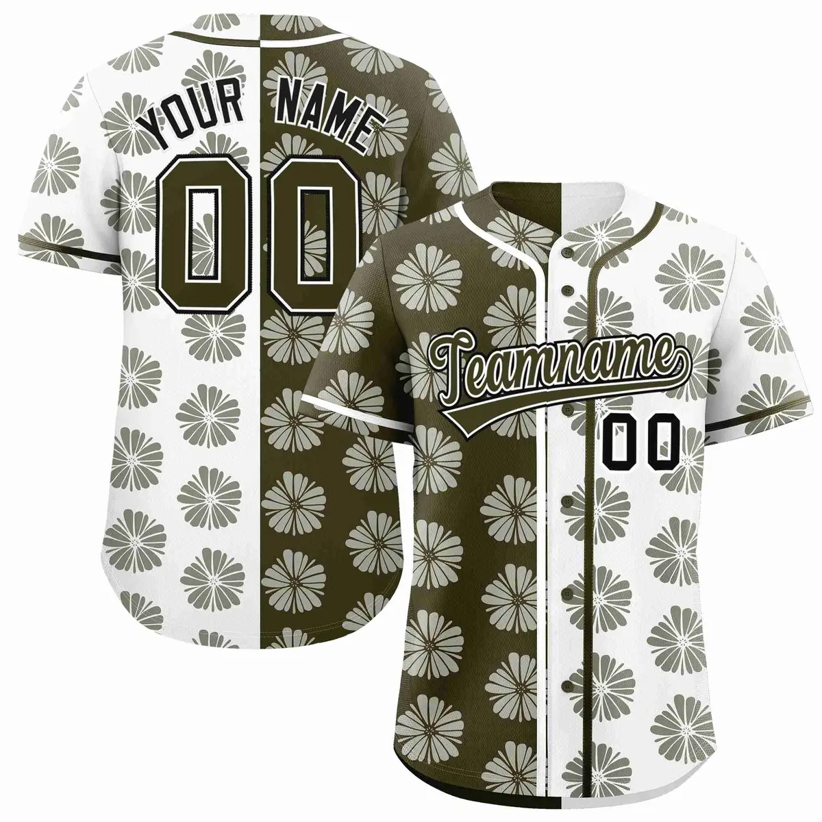 Olive White Flower Graffiti Split Baseball Jersey