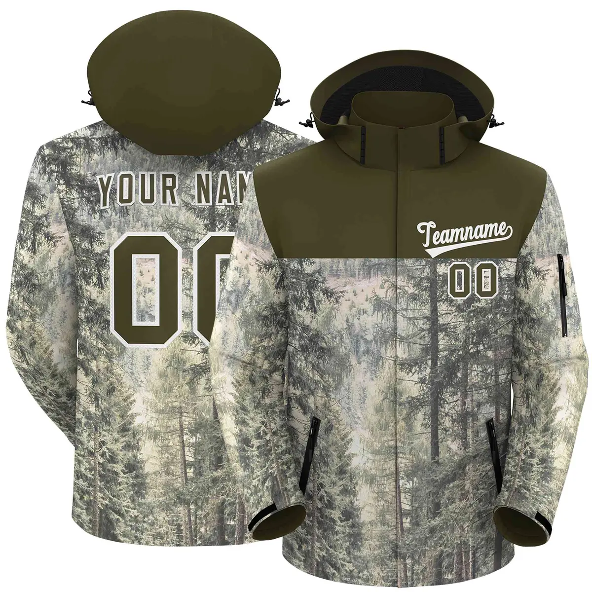 Olive White Graffiti Pattern Hooded Waterproof Outdoor Jacket