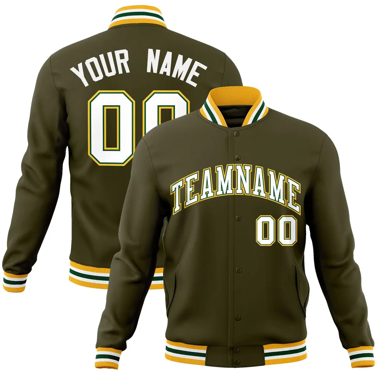 Olive White-Green Varsity Full-Snap Letterman Jacket