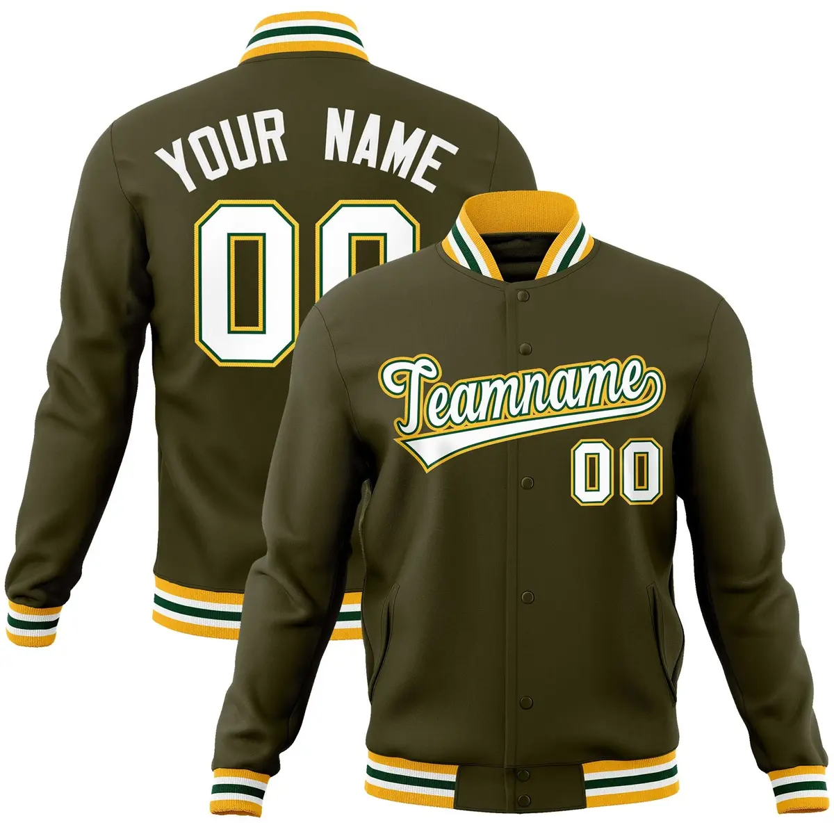 Olive White-Green Varsity Full-Snap Letterman Jacket