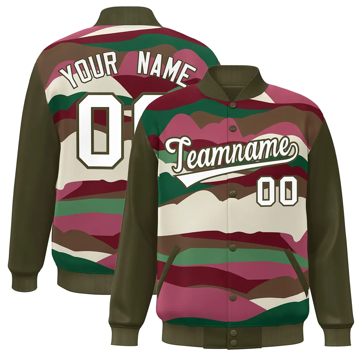 Olive White Multi Clouds Graffiti Varsity Full-Snap Jacket