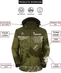 Olive White Snow Mountain Graffiti Hooded Waterproof Jacket 2