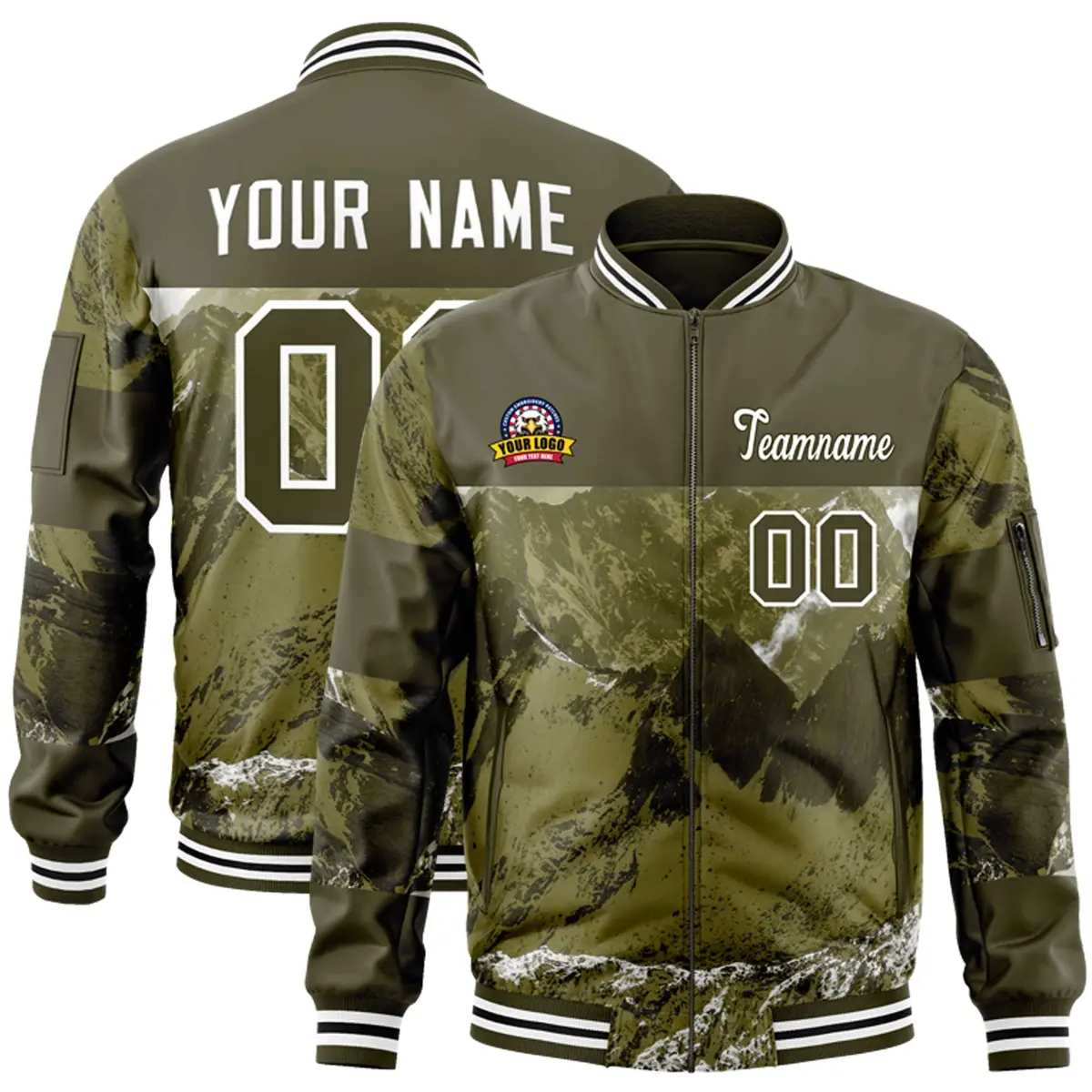 Olive White Snow Mountain Varsity Letterman Bomber Jacket