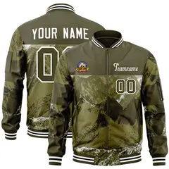 Olive White Snow Mountain Varsity Letterman Bomber Jacket