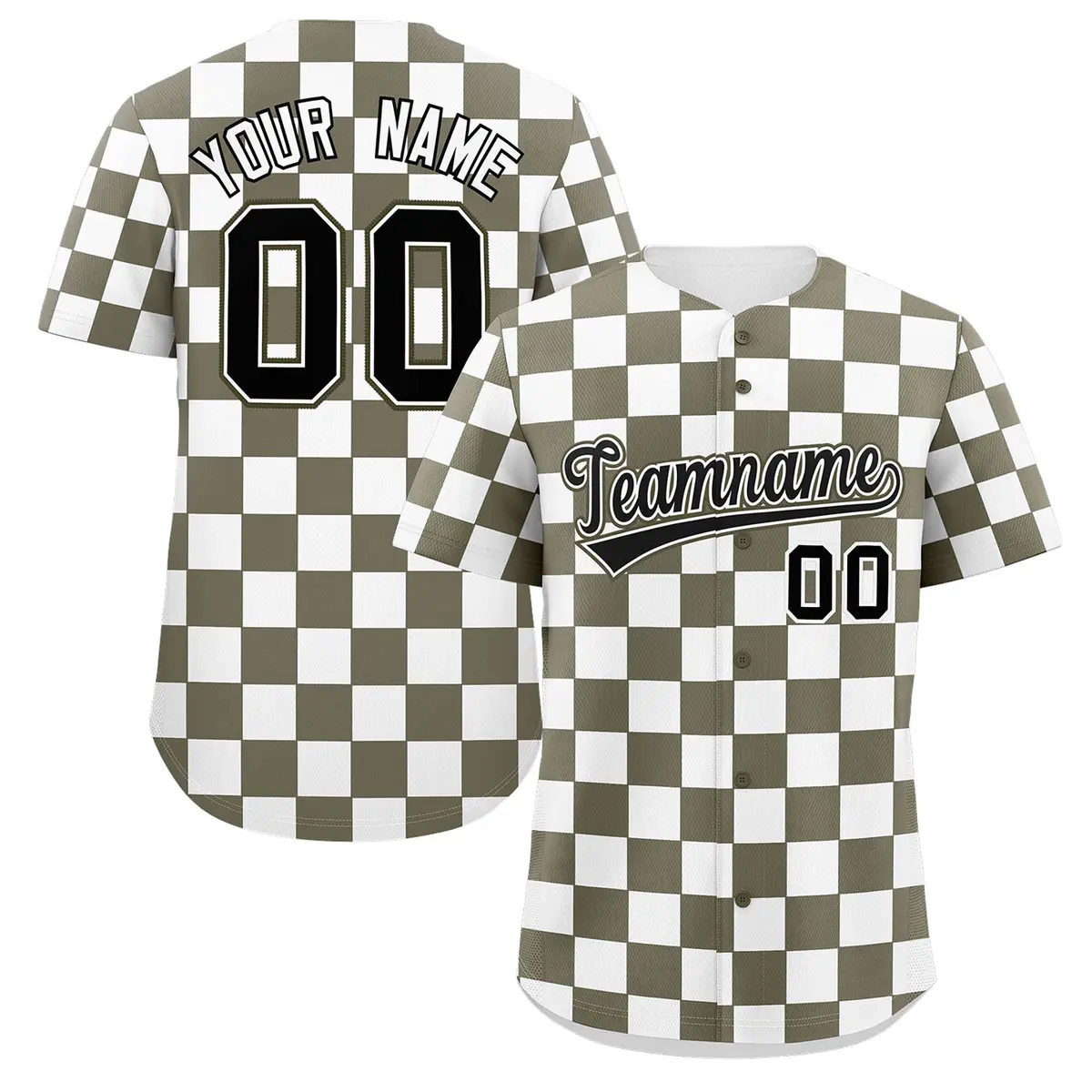 Olive White Square Grid Color Block Baseball Jersey