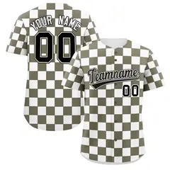 Olive White Square Grid Color Block Baseball Jersey 1