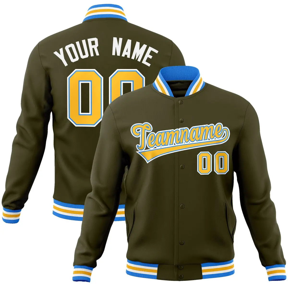 Olive Yellow-Powder Blue Varsity Full-Snap Letterman Jacket