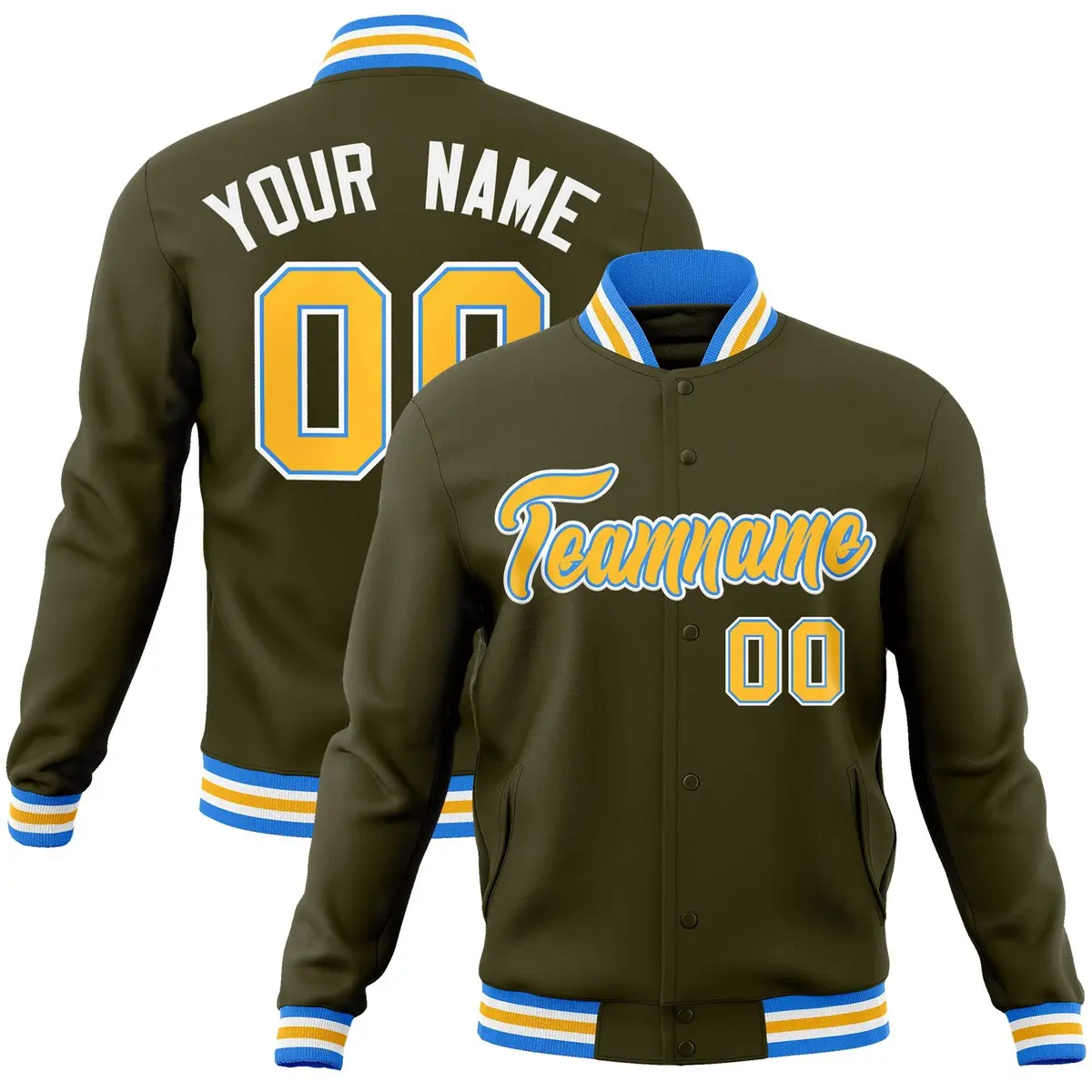 Olive Yellow-Powder Blue Varsity Full-Snap Letterman Jacket