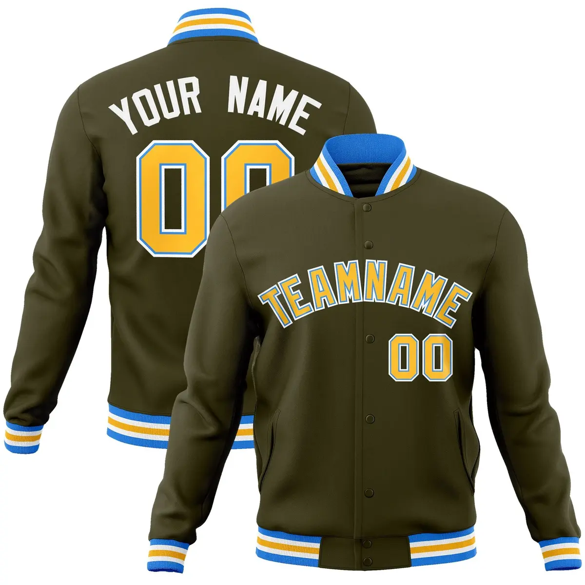 Olive Yellow-Powder Blue Varsity Full-Snap Letterman Jacket