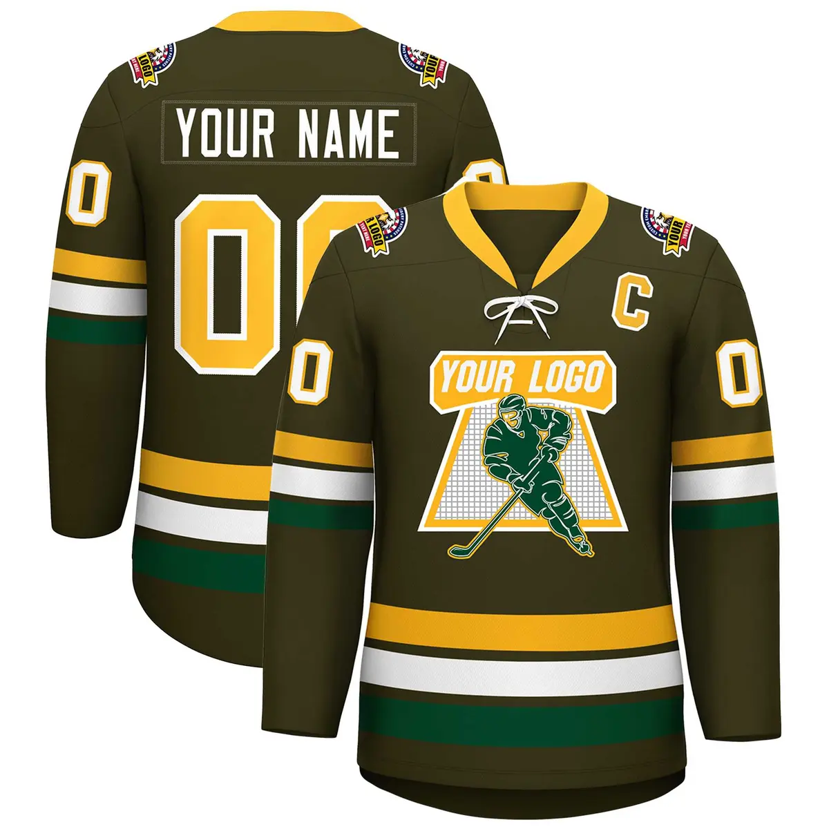 Olive Yellow-White Lace-Up Neck Hockey Jersey
