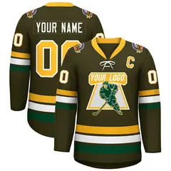 Olive Yellow-White Lace-Up Neck Hockey Jersey